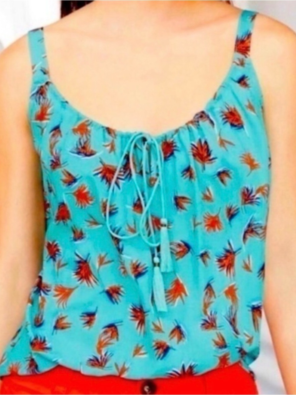 CAbi Blue Palm Print All Aboard Tassel Tank